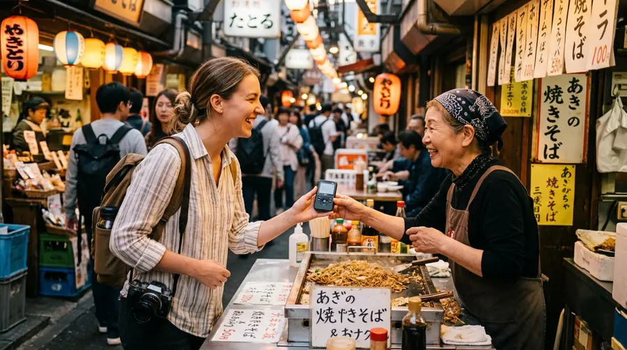 Traveller using a pocket translator to talk with a street food vendor in Tokyo